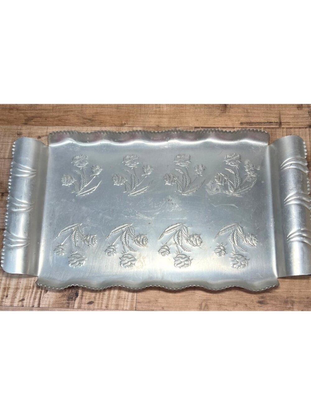 Vintage Embossed Aluminum Serving Tray With Rose Design & Scalloped Edges